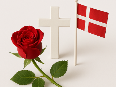 en rose, et kors og et flag
